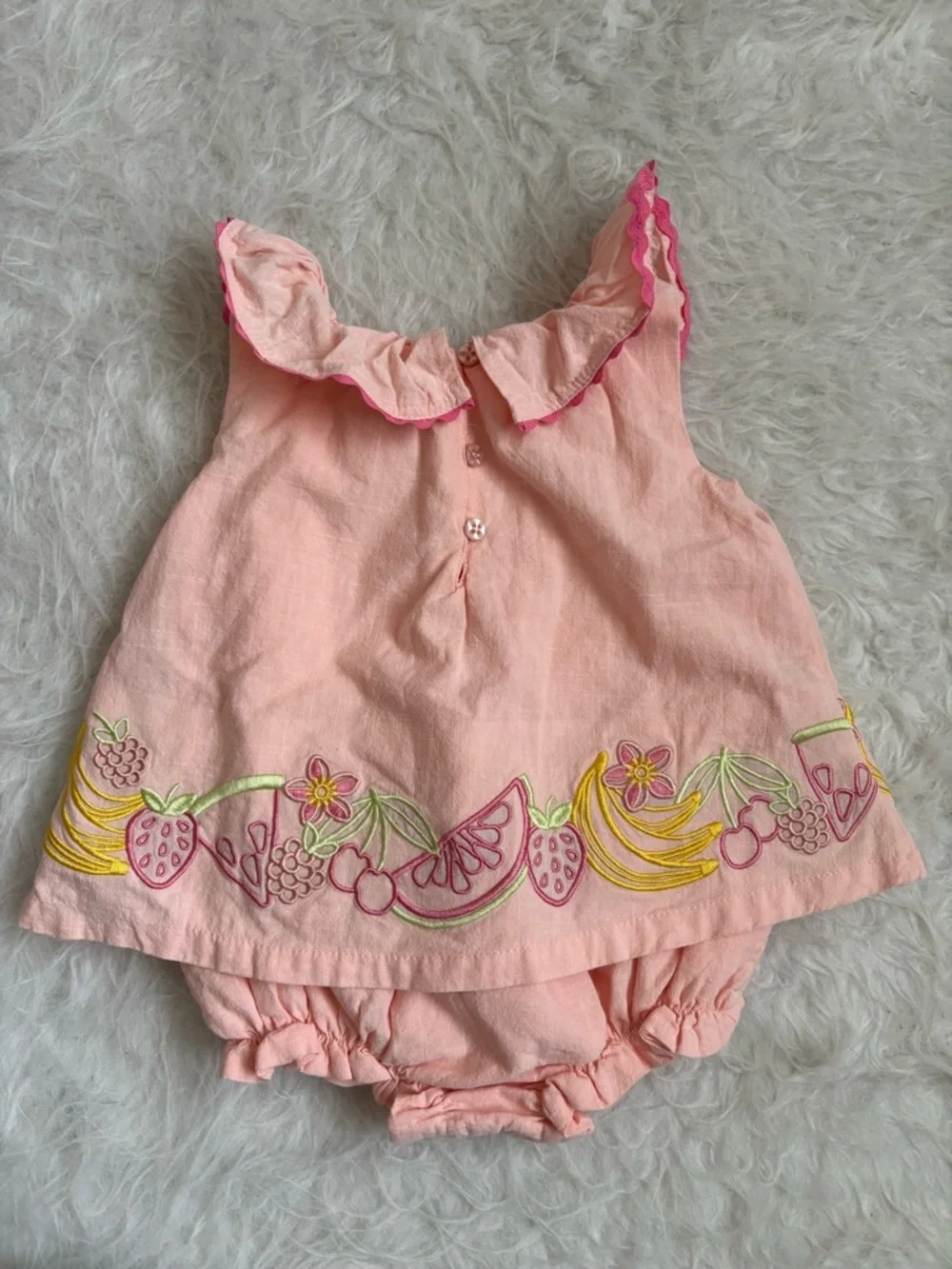 Flapdoodles Peach and Hot Pink Baby Outfit with Embroidered Tropical Fruits